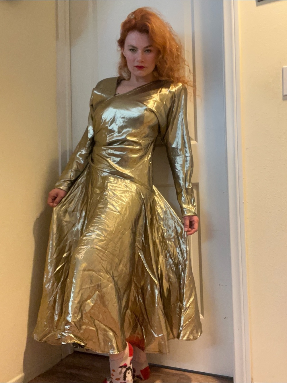 1980’s Jackie Bernard for EKLEKTIC Metallic Gold Dance Dress w/ Shoulder Pads